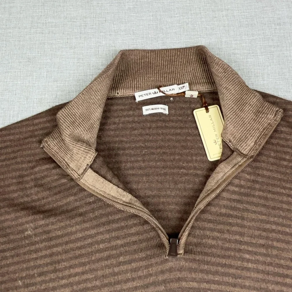 Peter Millar Sweater Mens 2XL Brown 1/4 Zip Mock Neck Merino Wool Striped Italy